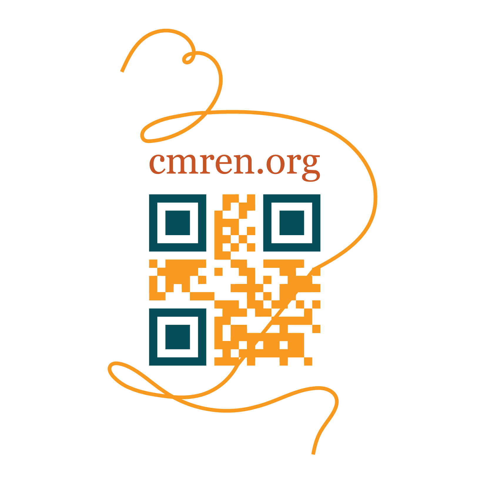 Orange and dark blue QR code with the text cmren.org and an orange thread weaving throughout the QR code